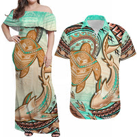 Hawaii Couple Outfits Hawaii Matching Dress and Hawaiian Shirt Polynesian Shark And Sea Turtle Dreamy Turquoise Artsy LT14 - Polynesian Pride