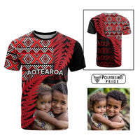 Custom Upload Image Aotearoa Silver Fern T Shirt Red Taniko Motif CTM09 Multicolor - Polynesian Pride