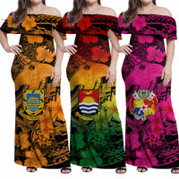 Custom Hawaii Tropical Off Shoulder Maxi Dress Hammerhead Shark and Coat of Arm Polynesian Island CTM09 - Polynesian Pride