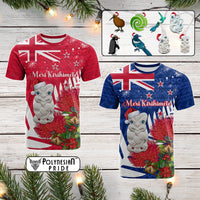 Custom New Zealand Christmas In July T Shirt Meri Kirihimete Aotearoa Pohutukawa Flowers CTM14 Multicolor - Polynesian Pride