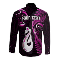 Personalised New Zealand Long Sleeve Button Shirt Aotearoa Silver Fern With Manaia Maori Unique Pink LT14 - Polynesian Pride