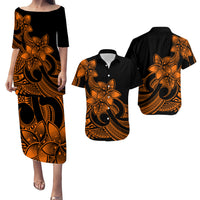 Polynesian Couple Outfits Plumeria Flowers Puletasi Dress and Hawaiian Shirt Polynesian Tribal Gold Vibe LT9 Gold - Polynesian Pride