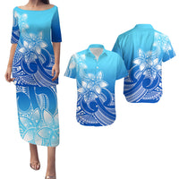 Polynesian Couple Outfits Plumeria Flowers Puletasi Dress and Hawaiian Shirt Polynesian Tribal Gradient Blue LT9 Gradient Blue - Polynesian Pride