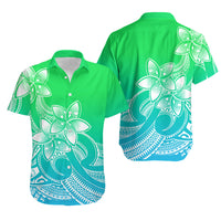 Polynesian Couple Outfits Plumeria Flowers Short Sleeve Body Long Dress and Hawaiian Shirt Polynesian Tribal Gradient Green LT9 - Polynesian Pride