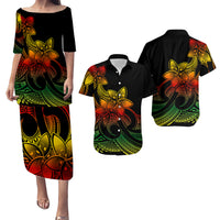 Polynesian Couple Outfits Plumeria Flowers Puletasi Dress and Hawaiian Shirt Polynesian Tribal Reggae Vibe LT9 Reggae - Polynesian Pride