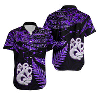 Couples Matching Hawaiian Outfits Matariki New Zealand Puletasi Dress and Hawaiian Shirt Manaia with Paua Shell - Purple LT9 - Polynesian Pride