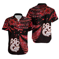 Couples Matching Hawaiian Outfits Matariki New Zealand Puletasi Dress and Hawaiian Shirt Manaia with Paua Shell - Red LT9 - Polynesian Pride
