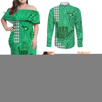 Strong Maui Family Matching Off Shoulder Maxi Dress and Hawaiian Shirt Good Living Hawaii with Shaka Sign Kakau Tribal Green LT9 - Polynesian Pride