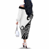 New Zealand Off The Shoulder Long Sleeve Dress Maori Koru Black Version LT05