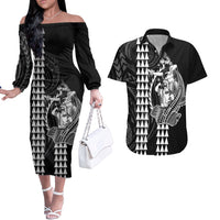 Polynesian Couples Matching Outfits Long Sleeve Dress And Long Sleeve Button Shirt Hawaiian Warrior and Aloha Girl With Hammerhead Shark Tattoos White LT6 White - Polynesian Pride