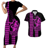 Polynesian Couples Matching Outfits Combo Bodycon Dress And Hawaii Shirt Hawaiian Warrior and Aloha Girl With Hammerhead Shark Tattoos Purple LT6 4XL - Polynesian Pride