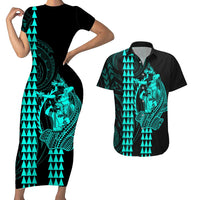 Polynesian Couples Matching Outfits Combo Bodycon Dress And Hawaii Shirt Hawaiian Warrior and Aloha Girl With Hammerhead Shark Tattoos Turquoise LT6 4XL - Polynesian Pride