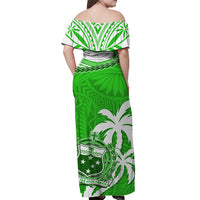 Samoa Couple Outfits Matching Off Shoulder Maxi Dress Coat Of Arms With Coconut Green LT14 - Polynesian Pride
