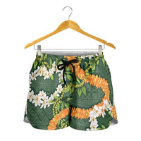 Aloha Festive Hawaii Shorts for Women Mokihana - Maile and Ilima on Forest Green - Polynesian Pride