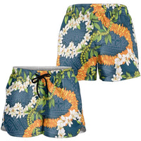 Aloha Festive Hawaii Shorts for Women Mokihana - Maile and Ilima on Navy Blue - Polynesian Pride