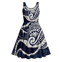 Aloha Hawaii Kalo Pikake Lei Midi Dress Chest Tattoo Oxford Blue Hawaiian Pattern LT14 Oxford Blue - Polynesian Pride