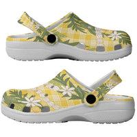 Aloha Puakenikeni Anthurium Pikake Lei Clogs Shoes Gold Hawaiian Palaka Pattern