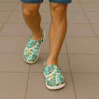 Aloha Puakenikeni Anthurium Pikake Lei Clogs Shoes Marine Hawaiian Palaka Pattern