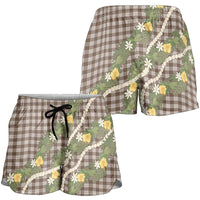 Aloha Puakenikeni Anthurium Pikake Lei Shorts for Women Chocolate Hawaiian Palaka Pattern