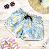 Anthurium Plumeria Lei Pastel Shorts for Women Blue Hawaiian Splendid Palaka