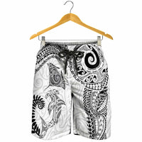 Aotearoa Maori Sea Animals Tribal Shorts for Men Manta Ray and Shark Moko Pattern White Color LT03 - Polynesian Pride