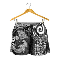 Aotearoa Maori Sea Animals Tribal Shorts for Women Manta Ray and Shark Moko Pattern Black Color LT03 - Polynesian Pride