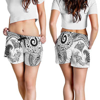 Aotearoa Maori Sea Animals Tribal Shorts for Women Manta Ray and Shark Moko Pattern White Color LT03 - Polynesian Pride