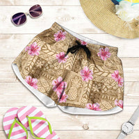 Beige Hawaii Hibiscus With Tropical Flowers Motifs Shorts for Women - Polynesian Pride