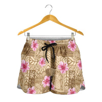 Beige Hawaii Hibiscus With Tropical Flowers Motifs Shorts for Women - Polynesian Pride