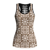 Beige Palaka Quilt Hawaii Hollow Tank Top Hawaiian Tropical Monstera Sea Turtle