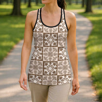 Beige Palaka Quilt Hawaii Hollow Tank Top Hawaiian Tropical Monstera Sea Turtle