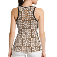 Beige Palaka Quilt Hawaii Hollow Tank Top Hawaiian Tropical Monstera Sea Turtle