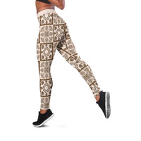 Beige Palaka Quilt Hawaii Leggings Hawaiian Tropical Monstera Sea Turtle