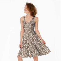 Beige Palaka Quilt Hawaii Midi Dress Hawaiian Tropical Monstera Sea Turtle