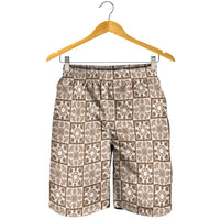 Beige Palaka Quilt Hawaii Shorts for Men Hawaiian Tropical Monstera Sea Turtle
