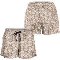 Beige Palaka Quilt Hawaii Shorts for Women Hawaiian Tropical Monstera Sea Turtle