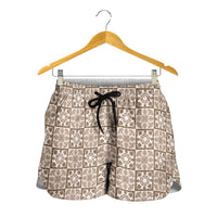 Beige Palaka Quilt Hawaii Shorts for Women Hawaiian Tropical Monstera Sea Turtle