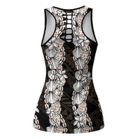 Black and Beige Hawaii Shell Lei Hollow Tank Top Hawaiian Sunrise Shell Hebrew Cone Plumeria - Polynesian Pride