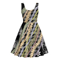 Black Palaka Hawaii Leis Midi Dress Hawaiian-plaid Elegant Tropical Vibes - Polynesian Pride