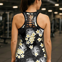Black Tropical Hawaii Hollow Tank Top Seamless Monstera Plumeria Hawaiian Pattern LT14 - Polynesian Pride