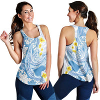 Blue Hawaii Shark Tattoo Women Racerback Tank Puakenikeni Lei Plumeria Polynesian Pattern