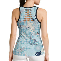 Blue Palaka Crane and Flowers Hollow Tank Top Japan Heritage Spirit - Polynesian Pride