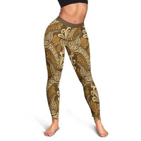 Brown Gold Monstera Leggings Polynesian Tribal Pattern - Polynesian Pride