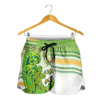 Cook Islands Va'a Race Shorts for Women Te Tatau Tattoos Sporty Style Green-White Color - Polynesian Pride