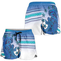 Cook Islands Va'a Race Shorts for Women Te Tatau Tattoos Sporty Style Light Blue Color - Polynesian Pride