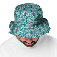 Cyan Palaka Quilt Hawaii Bucket Hat Hawaiian Tropical Monstera Sea Turtle