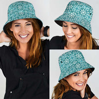 Cyan Palaka Quilt Hawaii Bucket Hat Hawaiian Tropical Monstera Sea Turtle