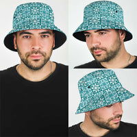 Cyan Palaka Quilt Hawaii Bucket Hat Hawaiian Tropical Monstera Sea Turtle