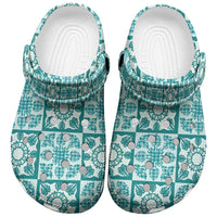 Cyan Palaka Quilt Hawaii Clogs Shoes Hawaiian Tropical Monstera Sea Turtle