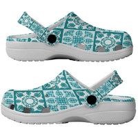 Cyan Palaka Quilt Hawaii Clogs Shoes Hawaiian Tropical Monstera Sea Turtle